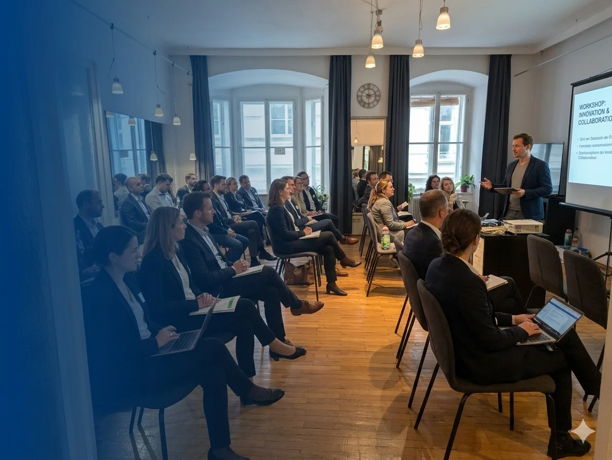 Workshop im großen Studioraum von Studio 1010 mit Teilnehmenden und Präsentation